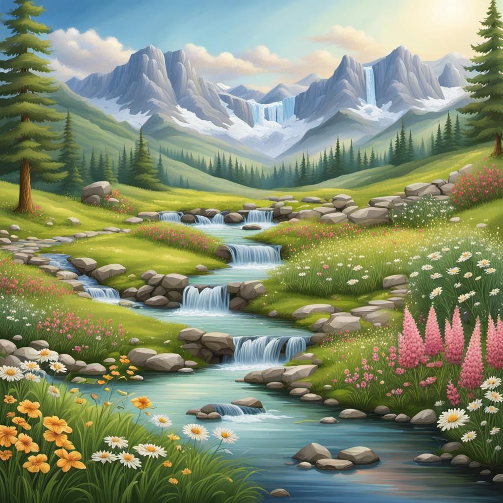Scenic Meadow with Stream and Waterfalls