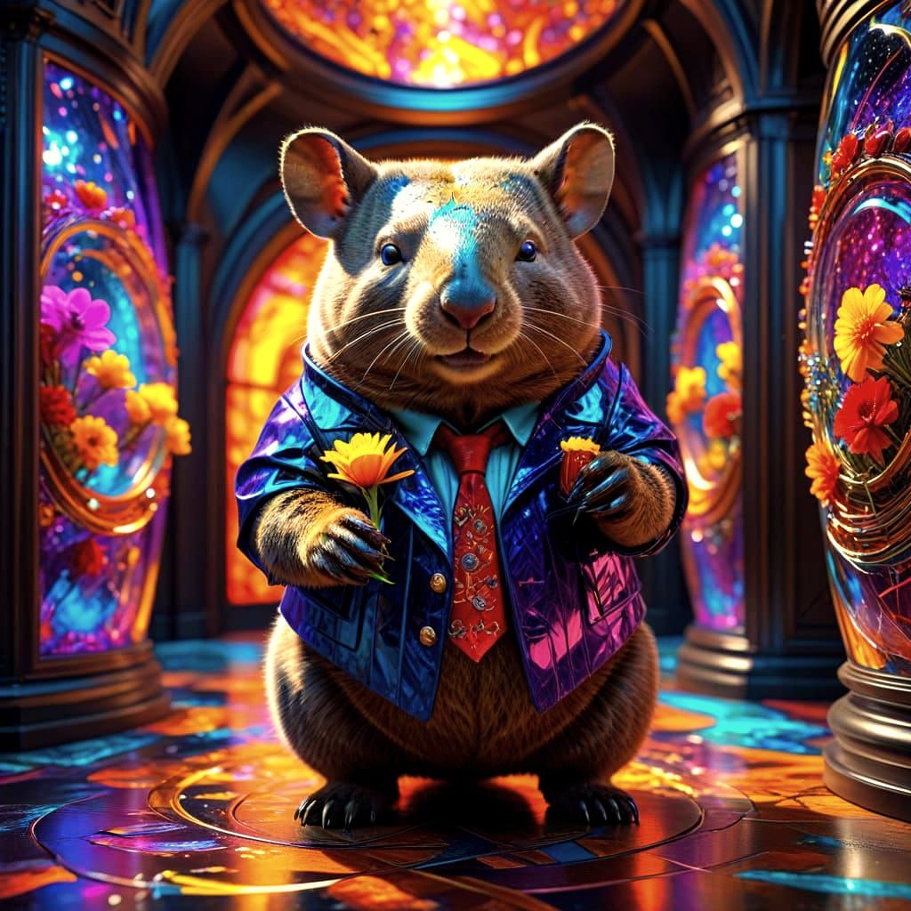 Joyful Wombat Hierophant in Vibrant Maze of Light