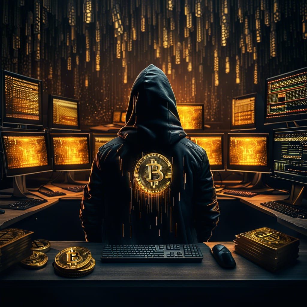 Realistic Dark city, hacker, man, around multiple computers, bitcoin logo random location, hooded coat, no visible face,...