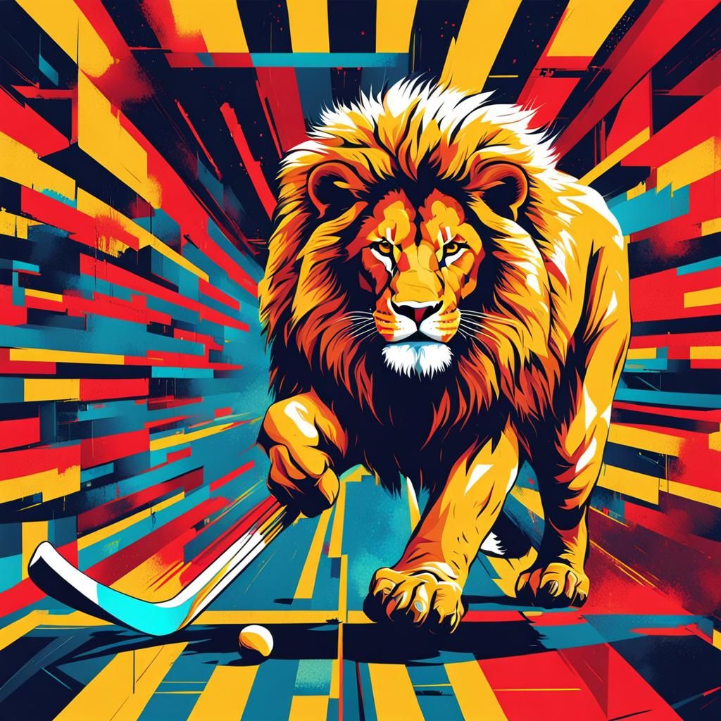 Lion Plays Hockey in Pop Art Style