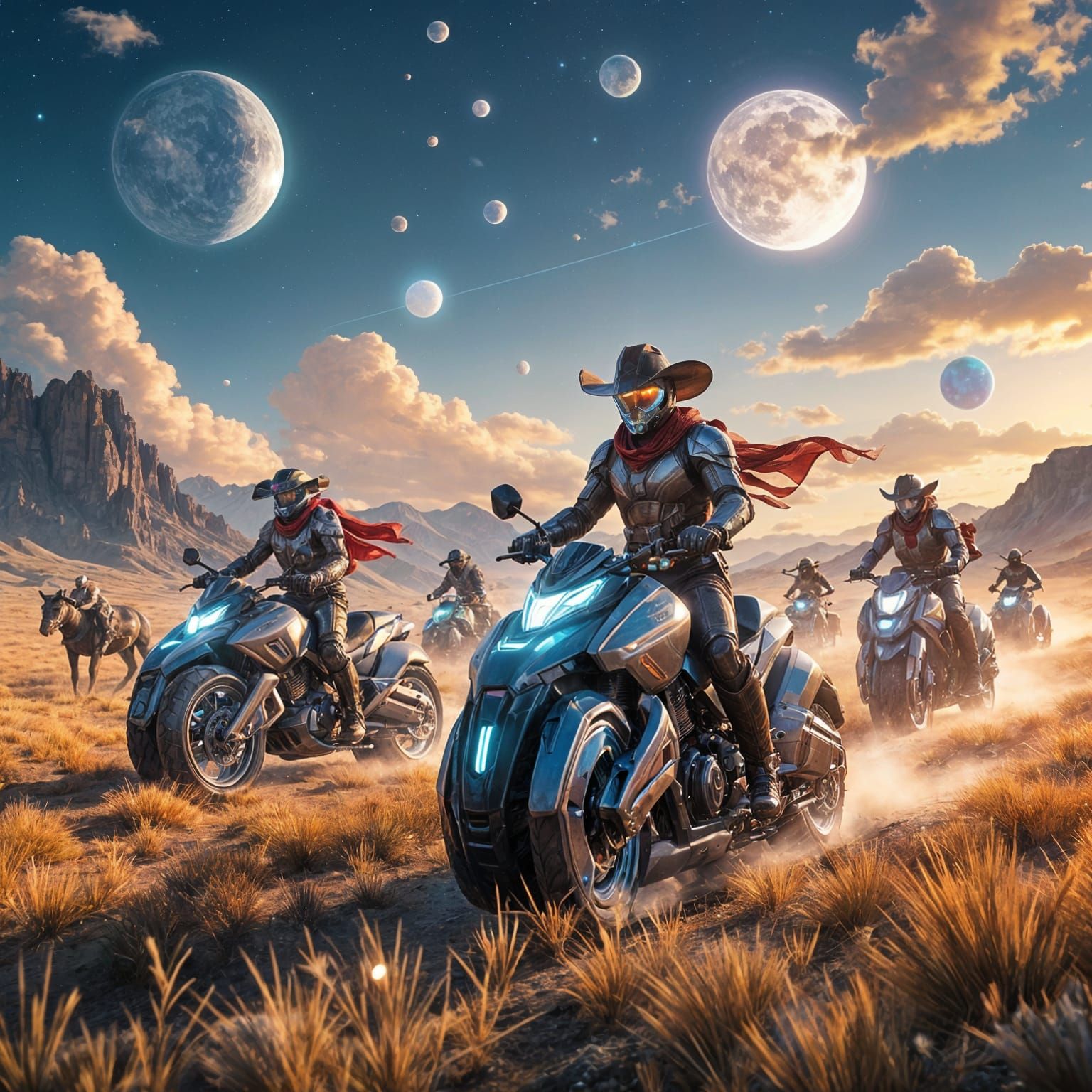 Futuristic Cowboys Herding Alien Beasts on Hoverbikes