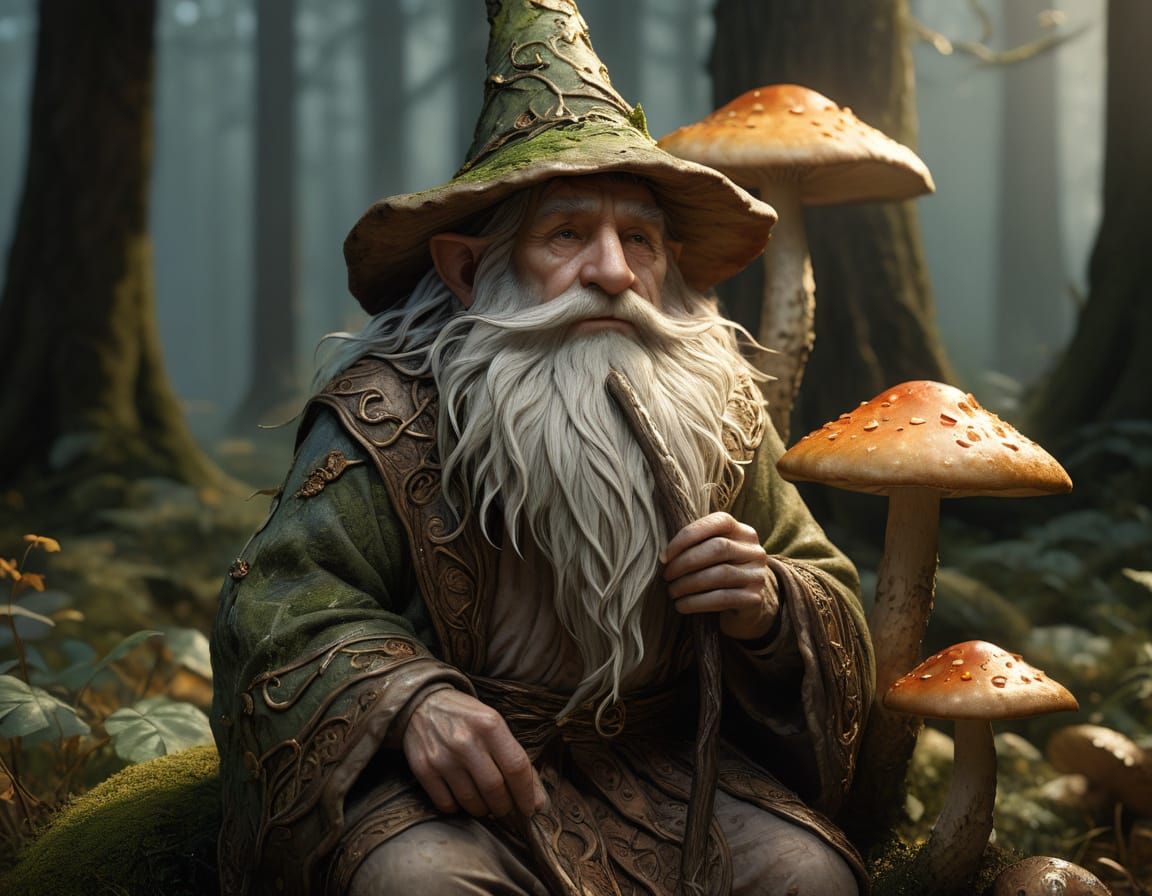 Wise Forest Gnome in Sun-Dappled Glade