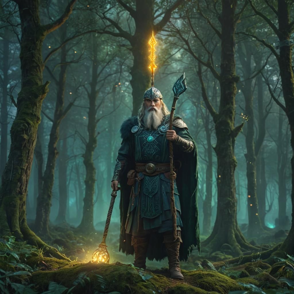Imposing Norse Odin in Mystical Forest