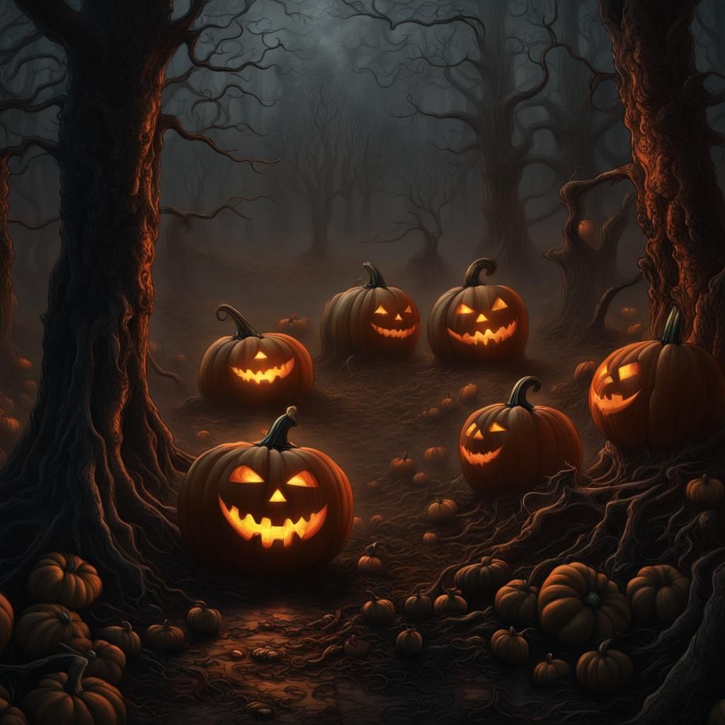 Haunted Pumpkin Forest at Night in Gothic Horror Style