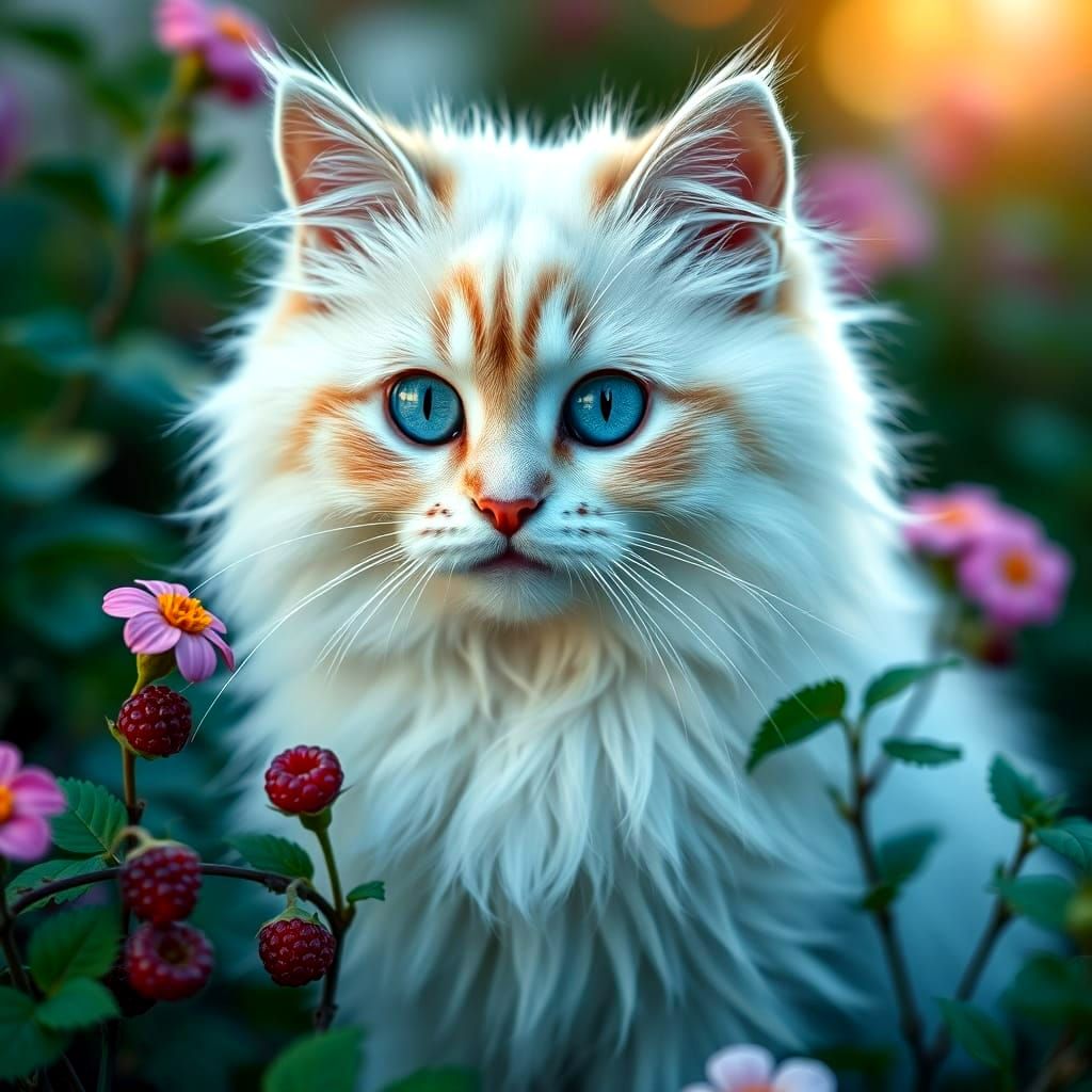 Fluffy White Cat in a Vibrant Garden of Raspberries