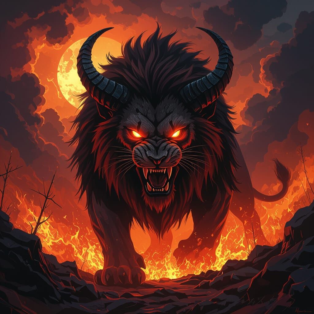 Satan as Roaring Lion in Hellish Landscape
