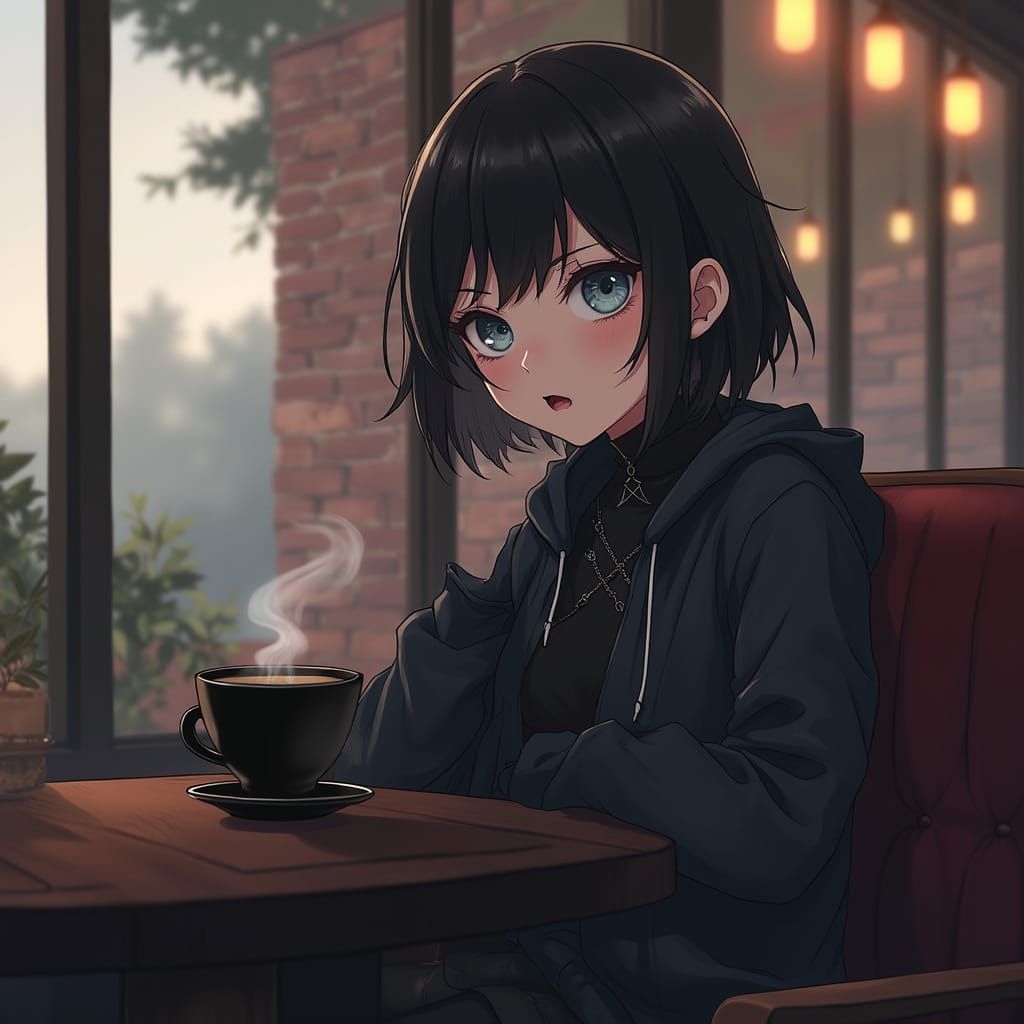 Goth Anime Girl in Cozy Cafe Setting
