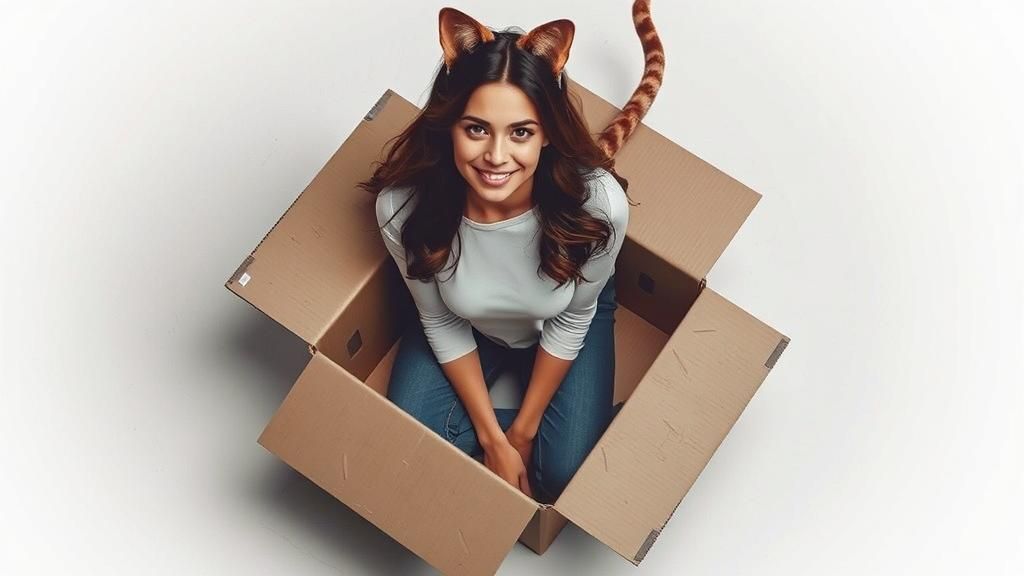 Cat-Woman Portrait in Cardboard Box, Realistic Style