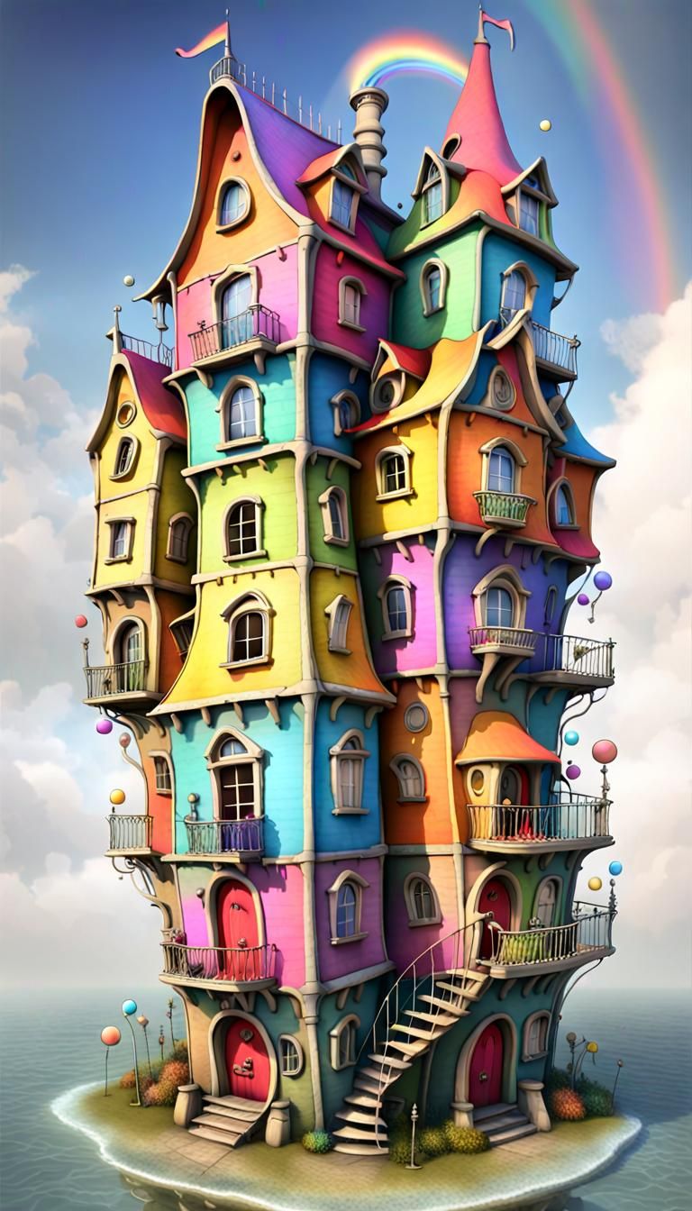 Whimsical Rainbow House in a Fantasy Landscape