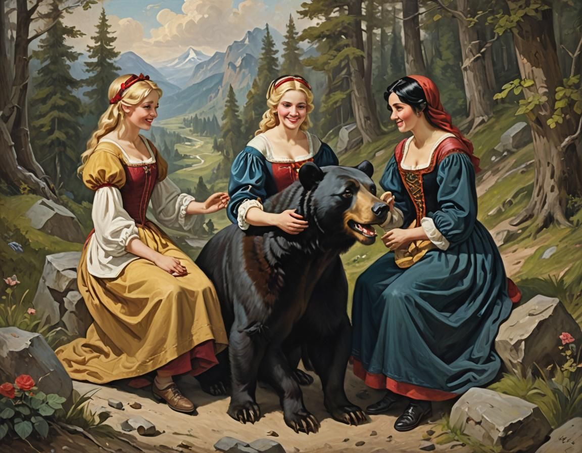 Sisters Meet Bear-Prince: Delacroix-Style Illustration