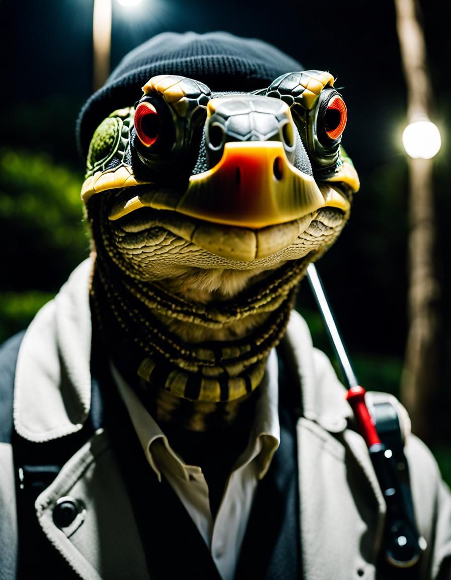 Anthropomorphic Turtle Thief Portrait in Photo-Realism