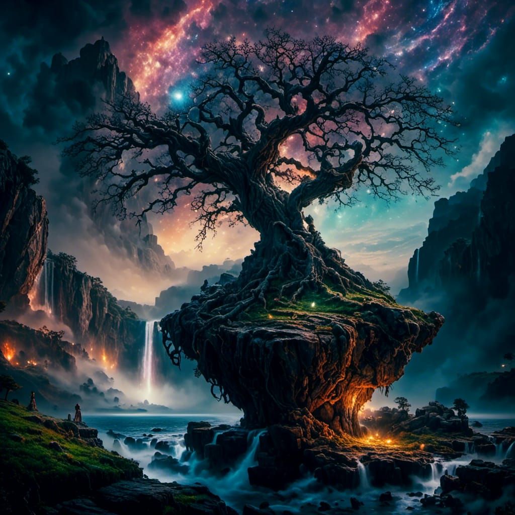 Ancient Tree on Floating Island in Cosmic Chasm