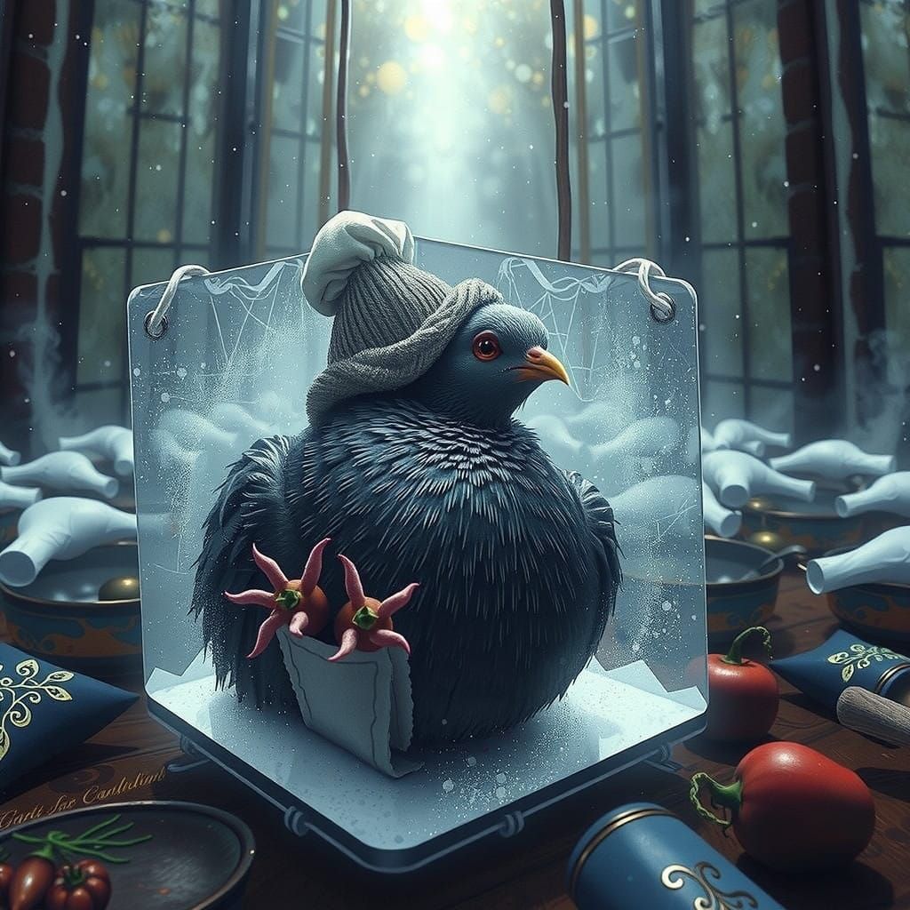 Whimsical Chef Pigeon Juggles Tomatoes in Rustic Kitchen
