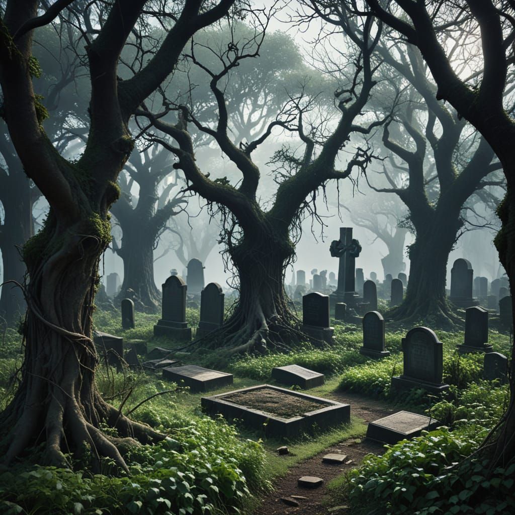 Creepy Garden with Twisted Trees and Tombstones