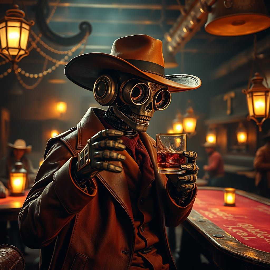 Vintage Robot Drinks Whiskey in Wild West Saloon