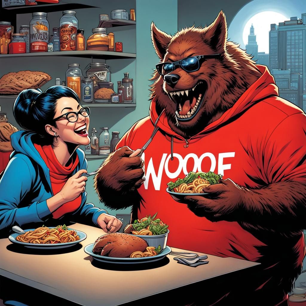 Werewolf and Co-Worker Lunch Break, Comic Book Style
