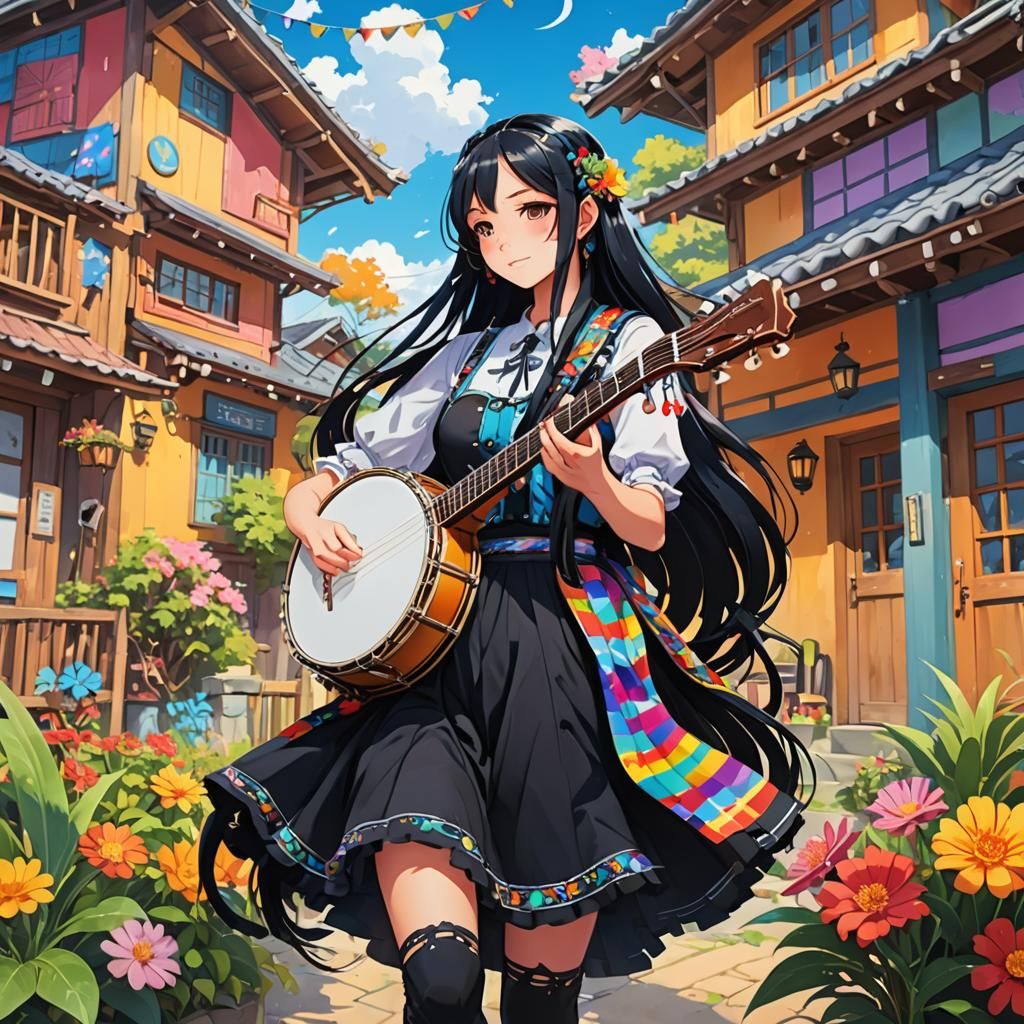 Girl with Banjo in Anime Art Style