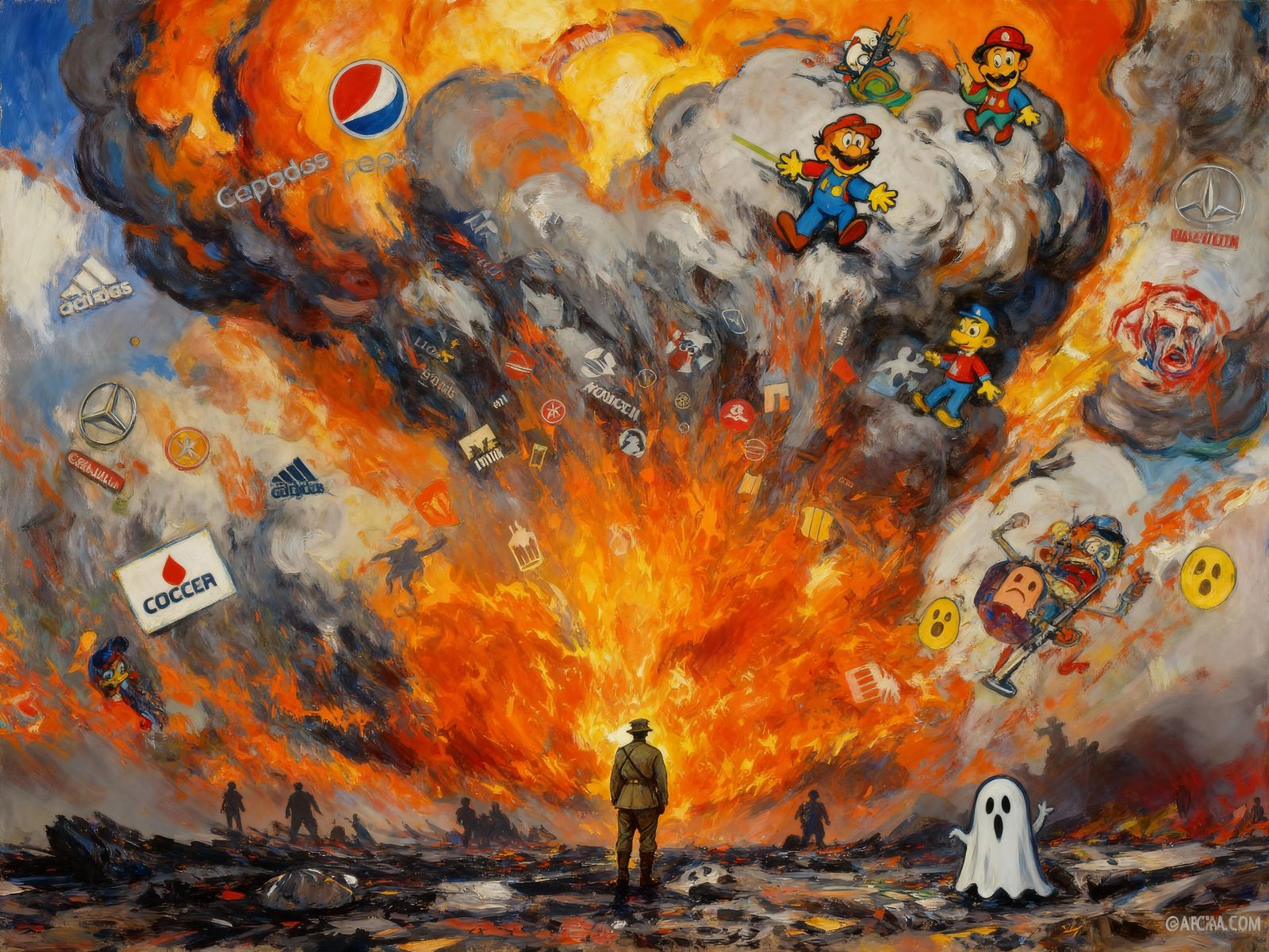 WWI Soldier in Dystopian Corporate Logo Landscape