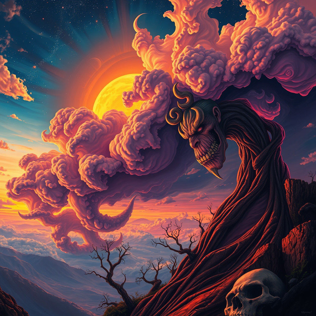 Cosmic Horror Face in Vibrant Sunset