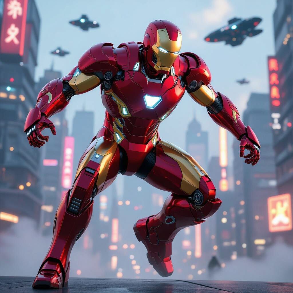 Iron Man in Dynamic Pose Amidst Futuristic City