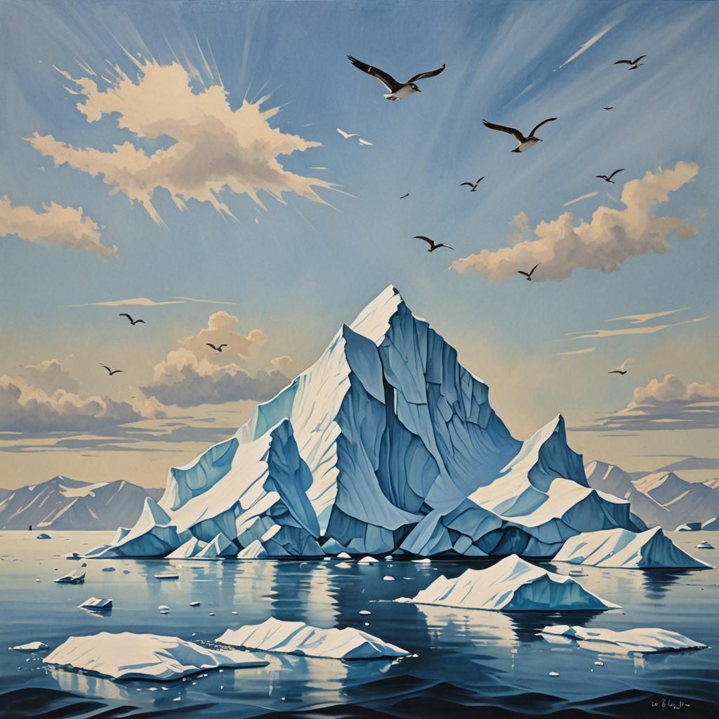 Sunny Iceberg Gouache Painting with Seabirds