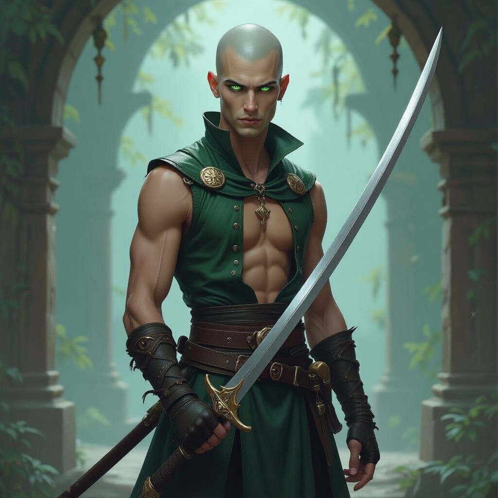 Emerald-Eyed Monk in Mystical Realm