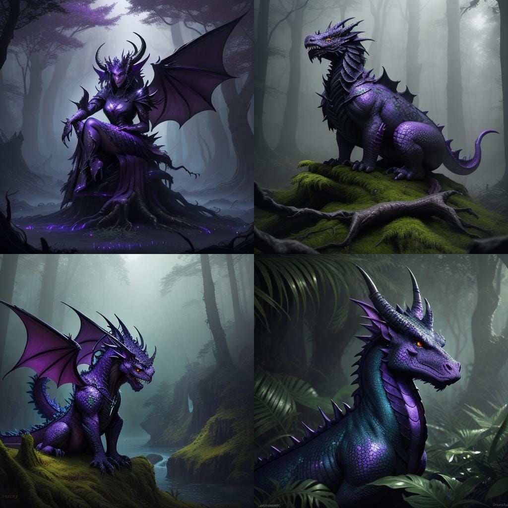 Dark Purple Dragon in Lush Forest: Detailed Matte Painting