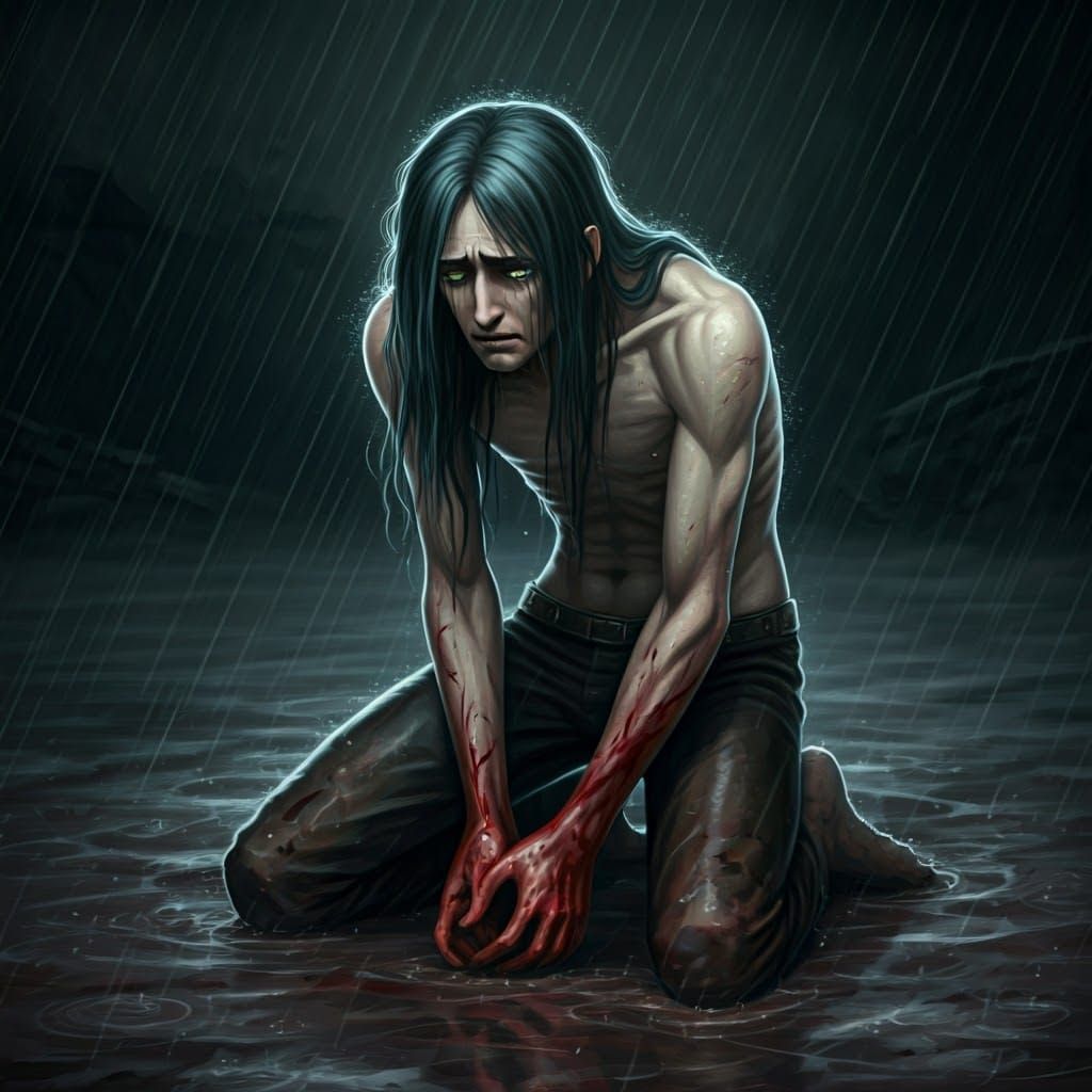Tortured Youth in Neon Blue Hair Weeps Over Bloodstained Han...