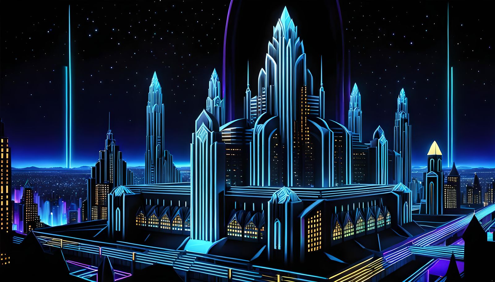 Fractal Crystal City at Night in RetroSF Style
