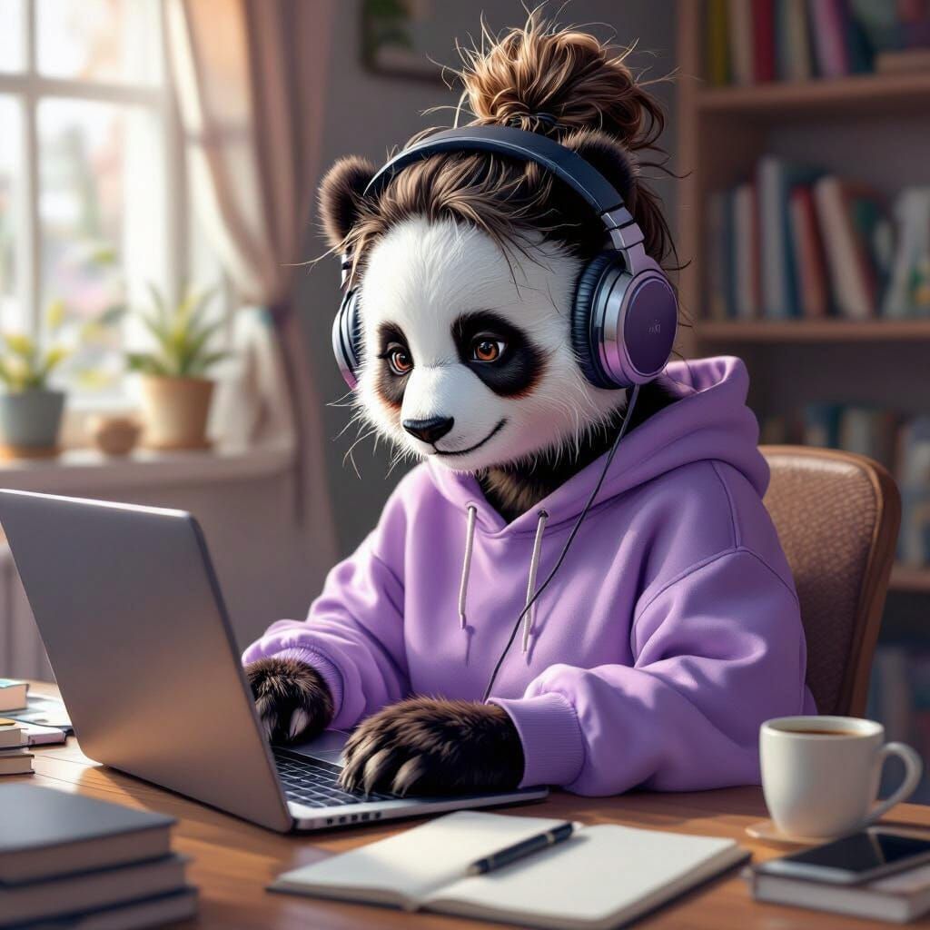 Photorealistic Panda Girl Working on Laptop