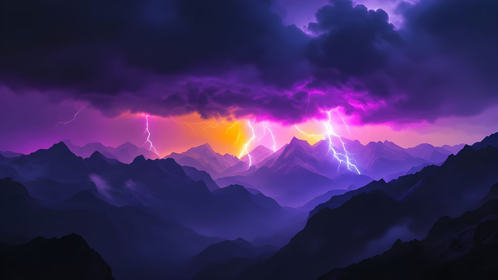 Menacing Mountain Landscape Illuminated by Neon Lightning