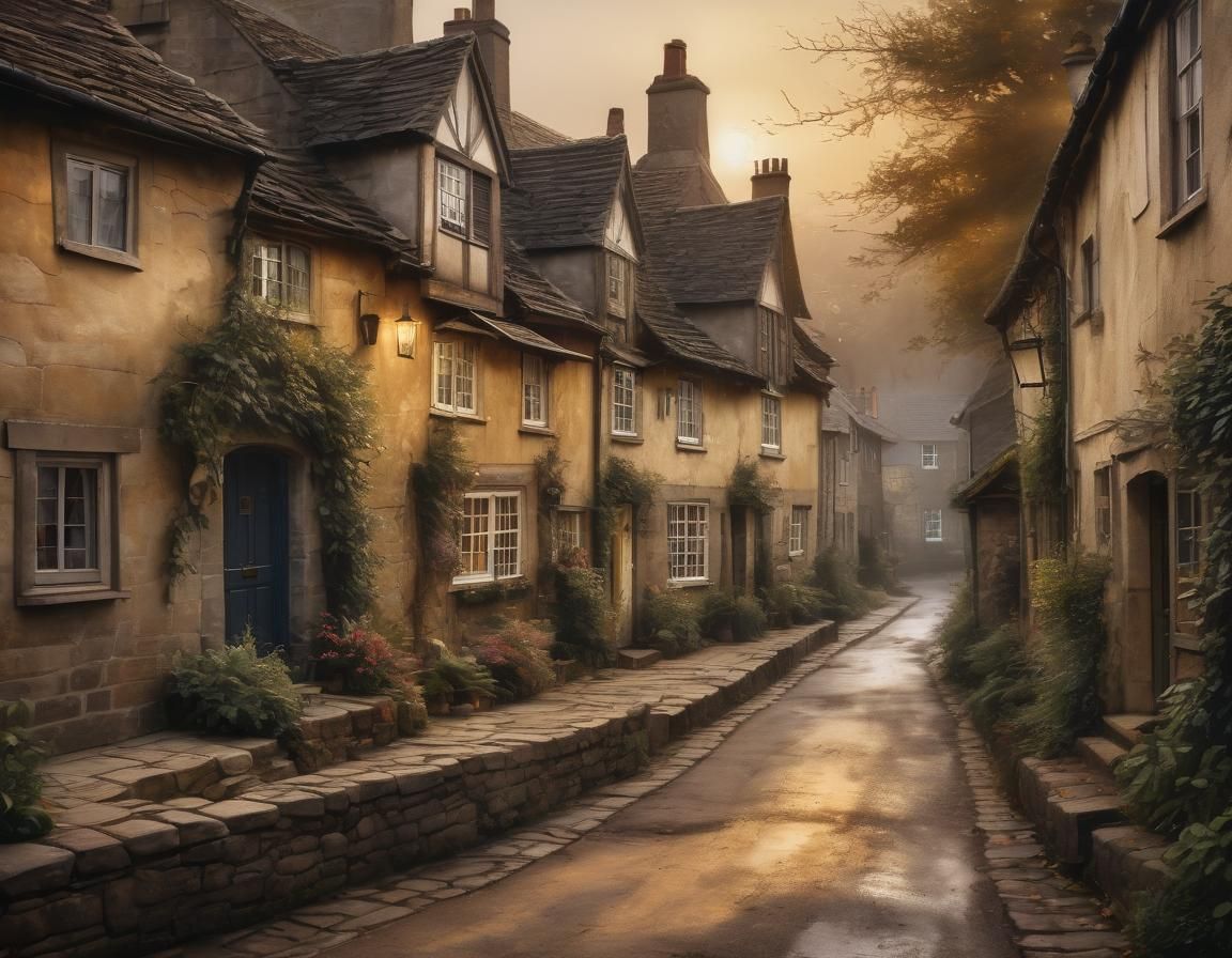 Misty Morning in Quaint English Village: Ink Painting