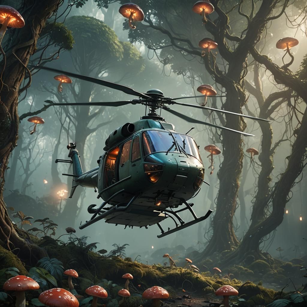 Helicopter in Mystical Forest: Fantasy Concept Art