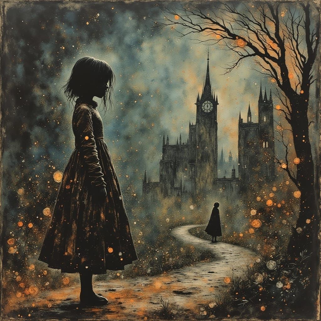 Lost Enchanted Girl in Dark City Oil Painting