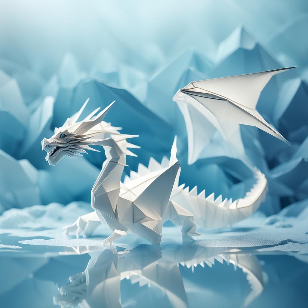 Mystical White Origami Dragon in Misty Water
