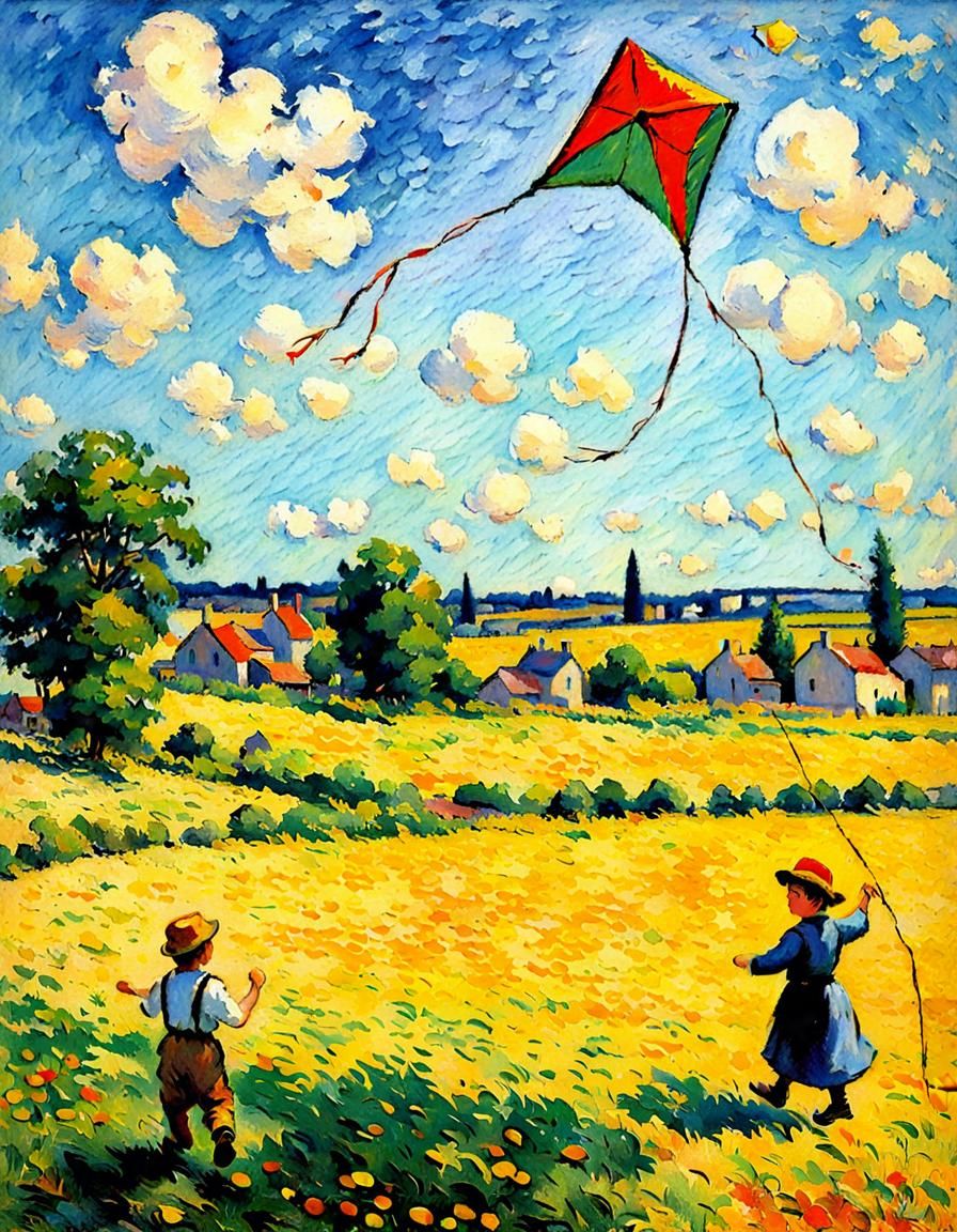 Kite Flying in Sunny Meadow: Impressionist Style