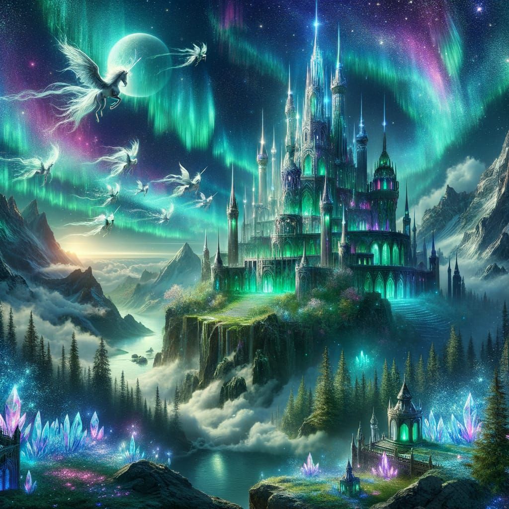 Mystical Realm: Castle Under Aurora Skies