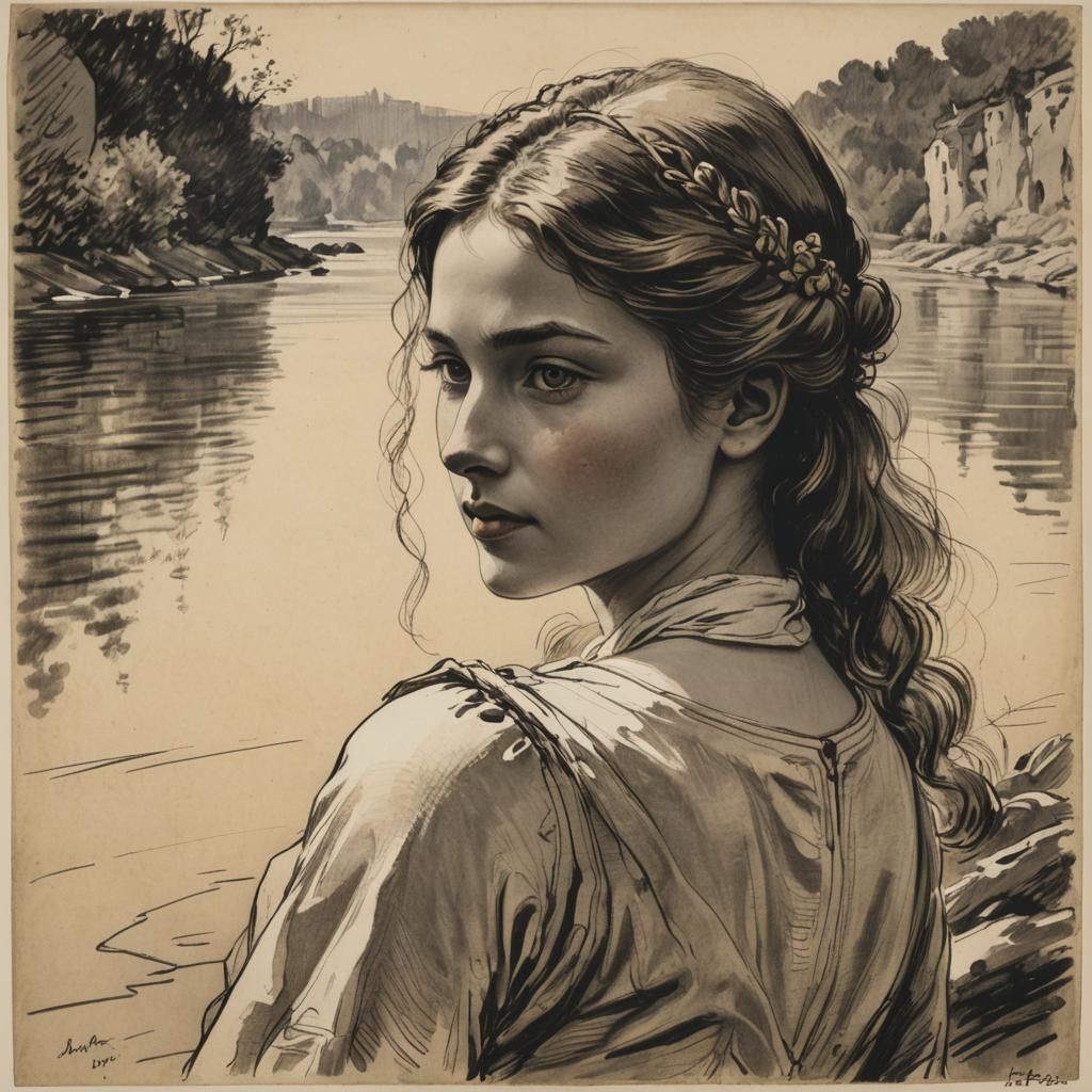 Detailed Pencil Sketch of Woman by River