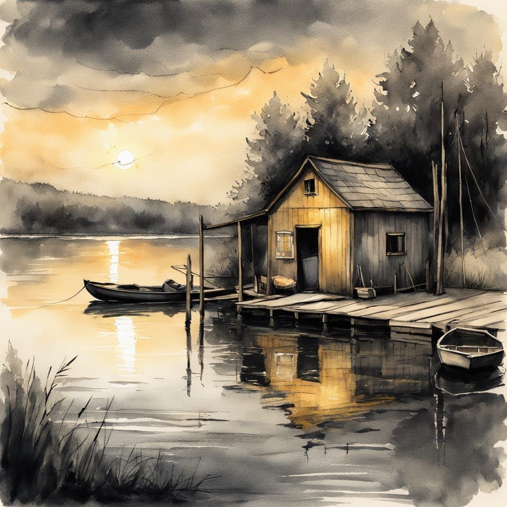 Chiaroscuro Sketch of Fisherman's Shack on Lake