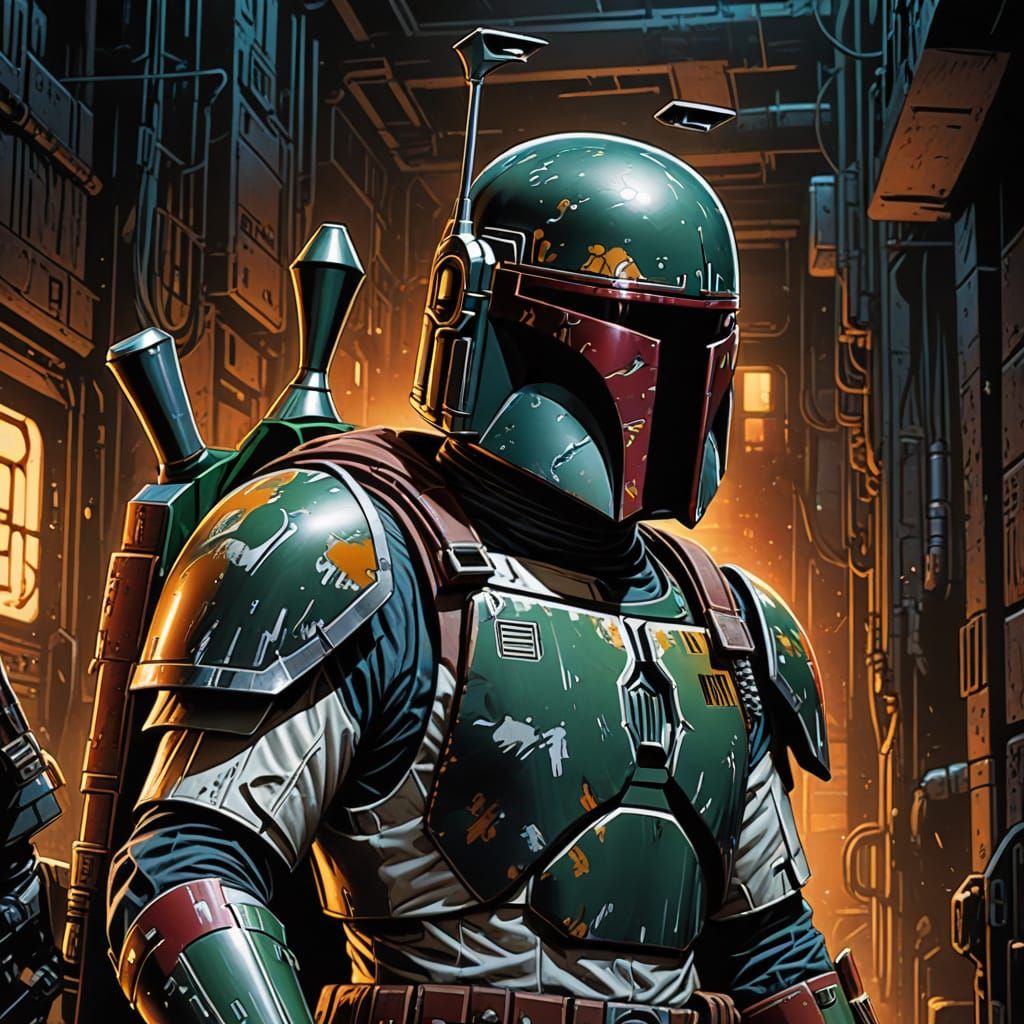 Boba Fett in Dark Alleyway, Comic Book Style