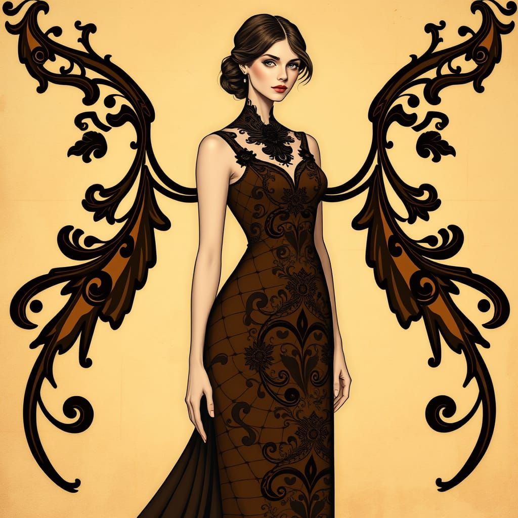 Woman in Brown Dress: Art Nouveau Style