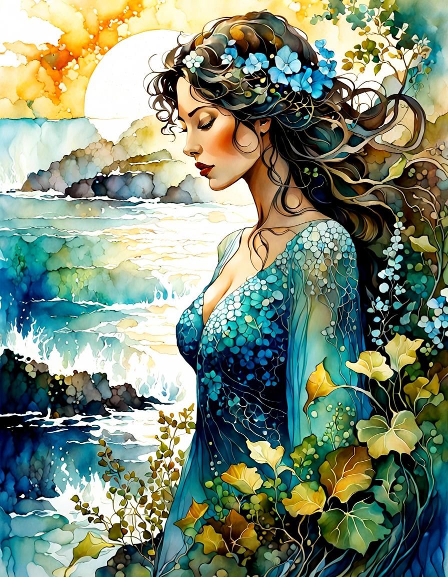 Sensual Woman in Seaside Garden, Alcohol Ink Illustration
