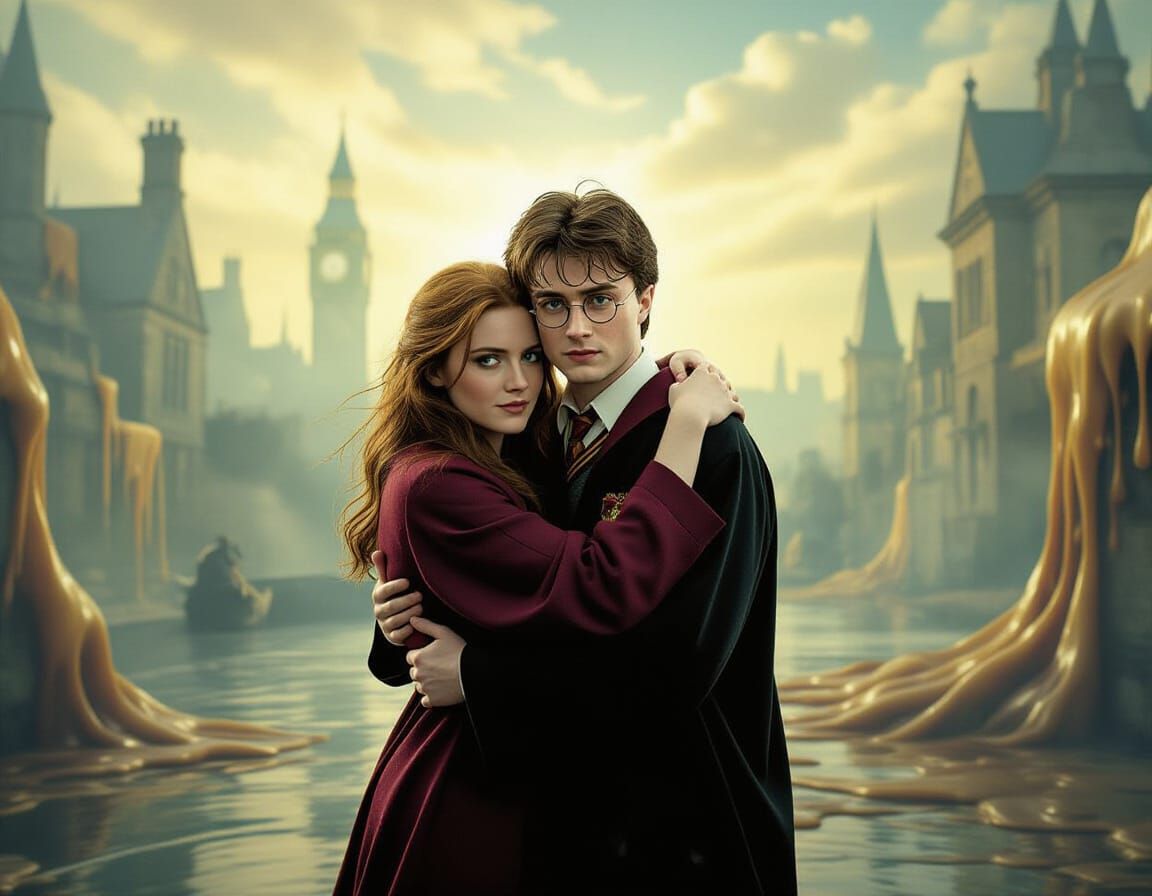 Harry and Ginny Embrace: Surreal Hyperrealistic Film Still
