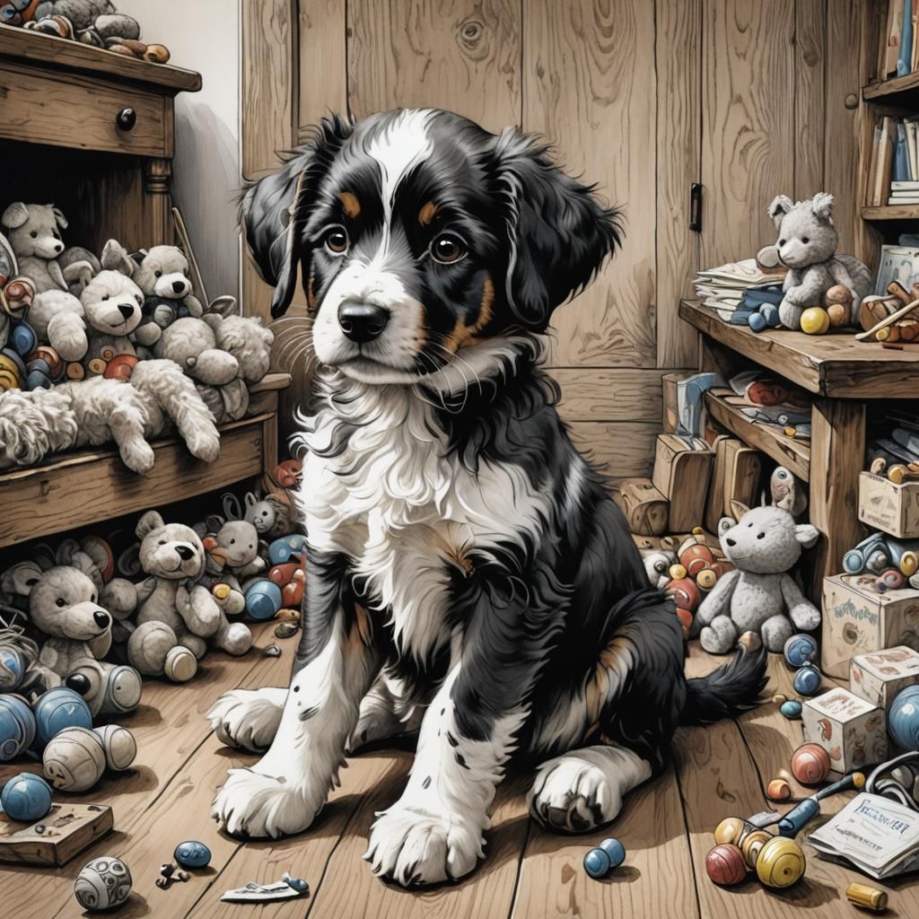 Fluffy Puppy Portrait in Whimsical Illustration Style