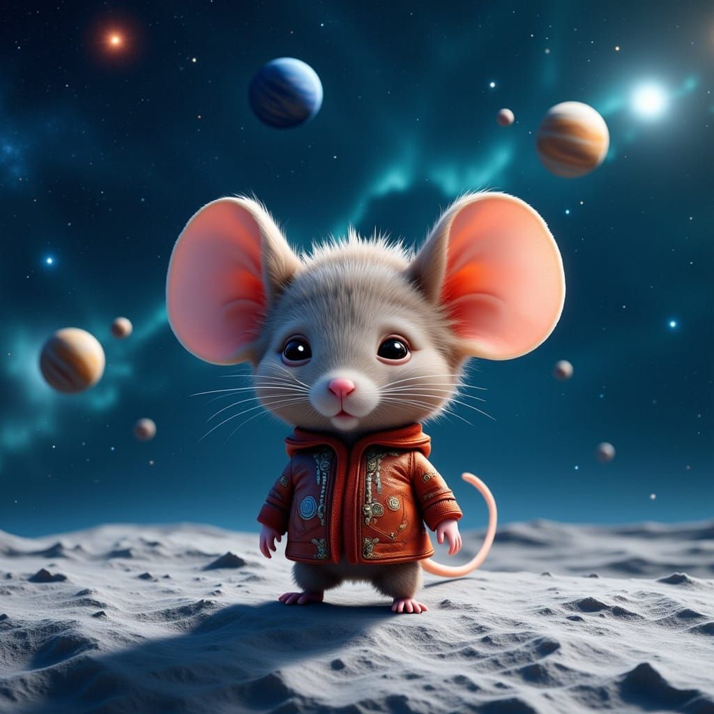 Hyperrealistic Chibi Mouse on the Moon in Sci-Fi Style