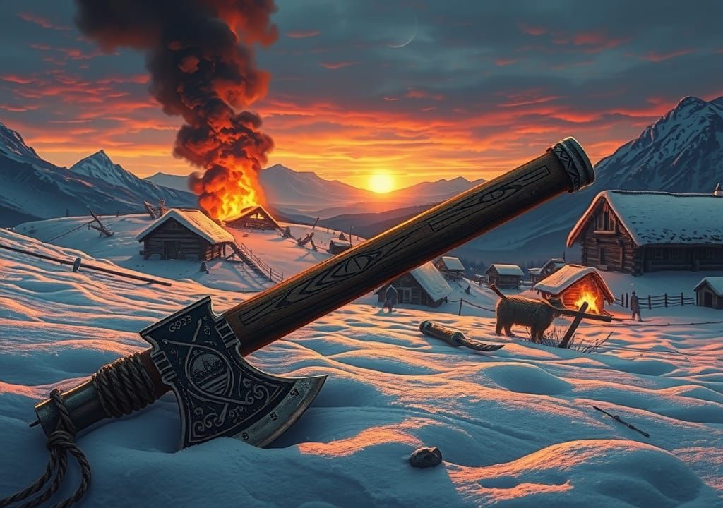 Viking Axe in Burning Village, Studio Trigger Style