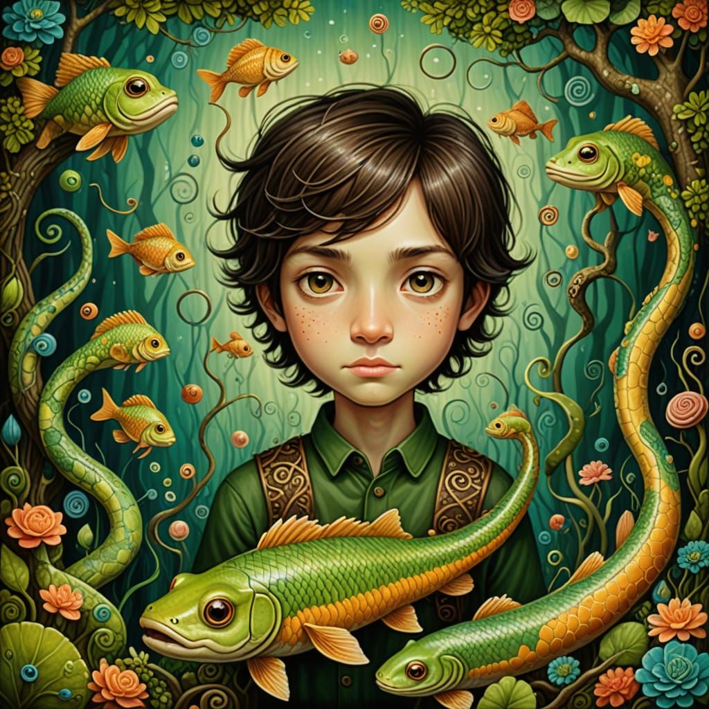 Whimsical Boy Rides a Fish in a Vibrant, Surreal Landscape