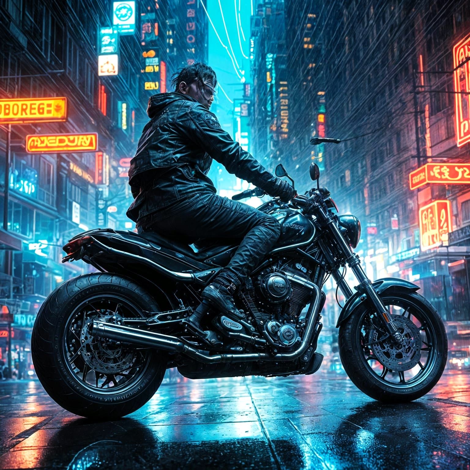 Cyberpunk Biker with Neon Hairstyle in Dystopian City