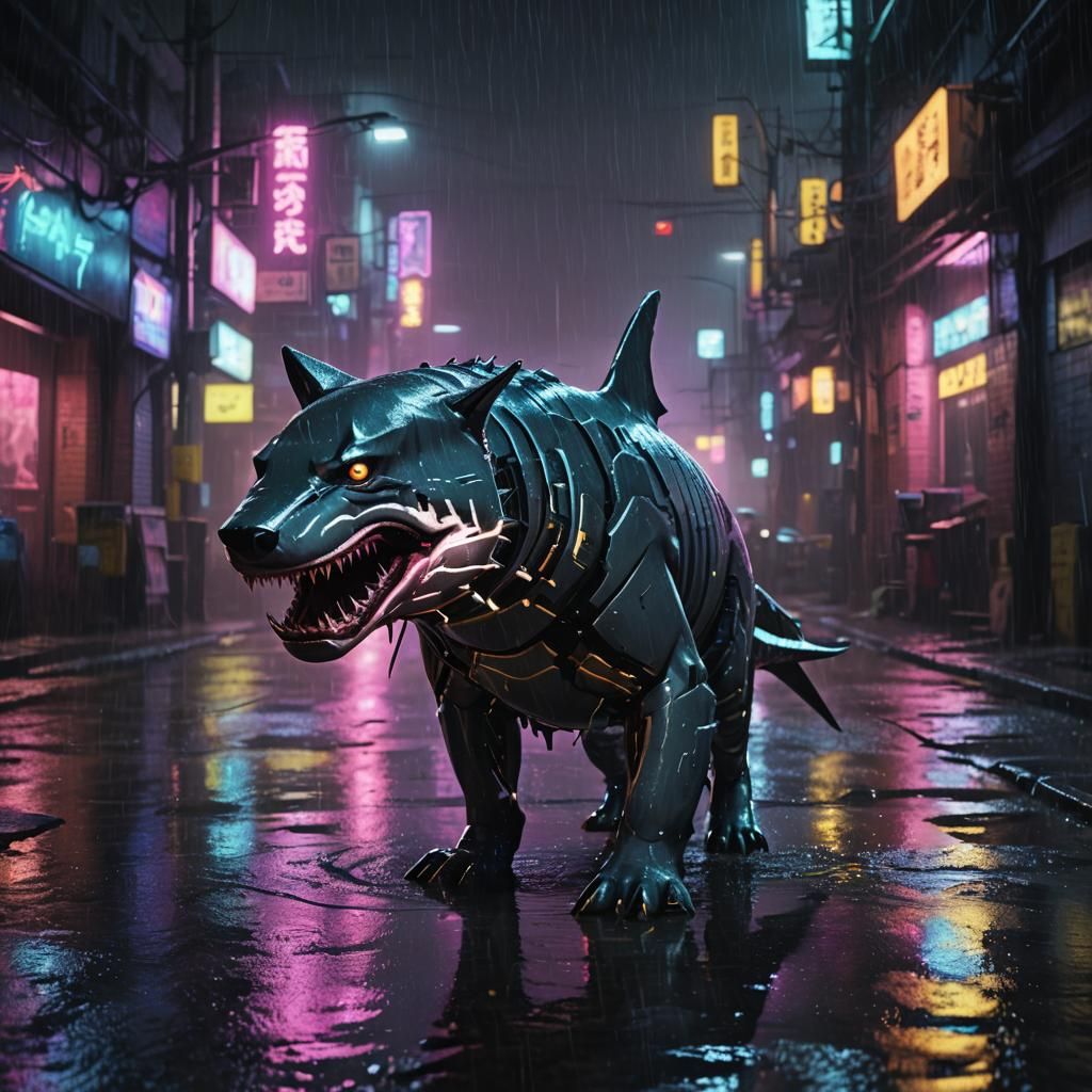 Cyberpunk Tiger Shark in Rainy Cityscape