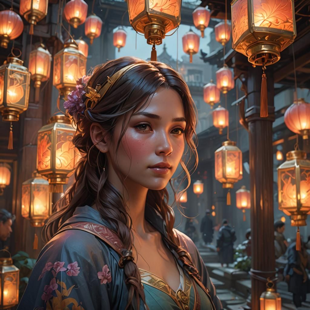 Floating Lanterns Portrait in Hyperdetailed Style